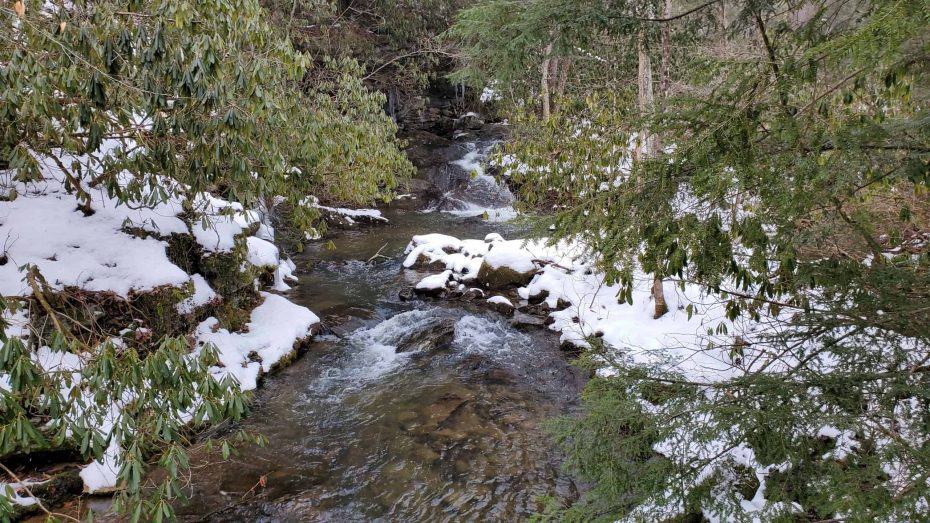 Creek at Linn Runn State Forest with snow-covered banks and mountain laurel