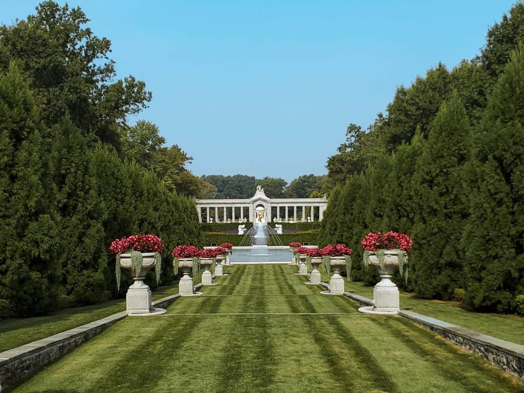 View from the long walk looking toward the fountain and reflecting pool at Nemours Estate