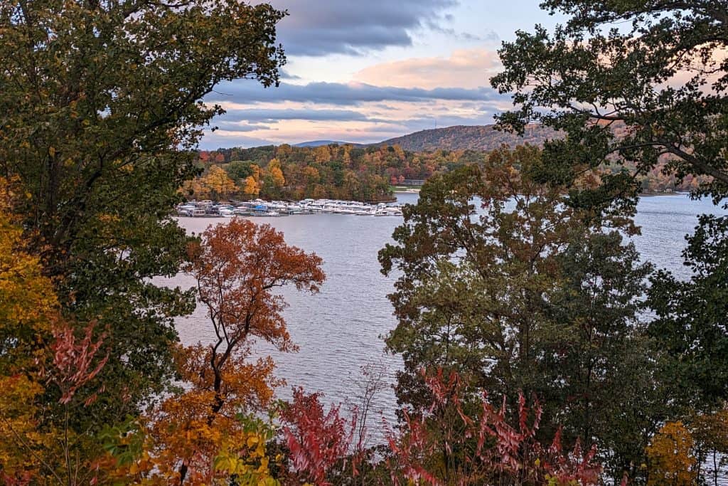 Fall colors and view of Lake Raystown Marina