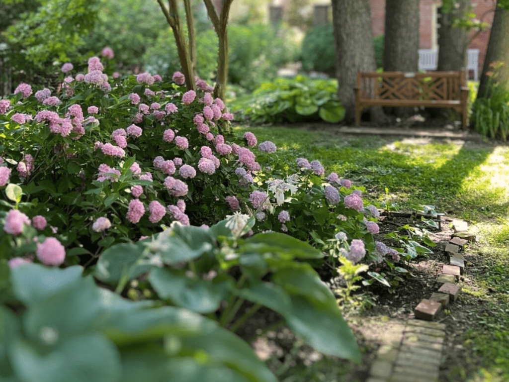 Hydrangeas in a garden outside the Talbot Historical Society in Easton MD