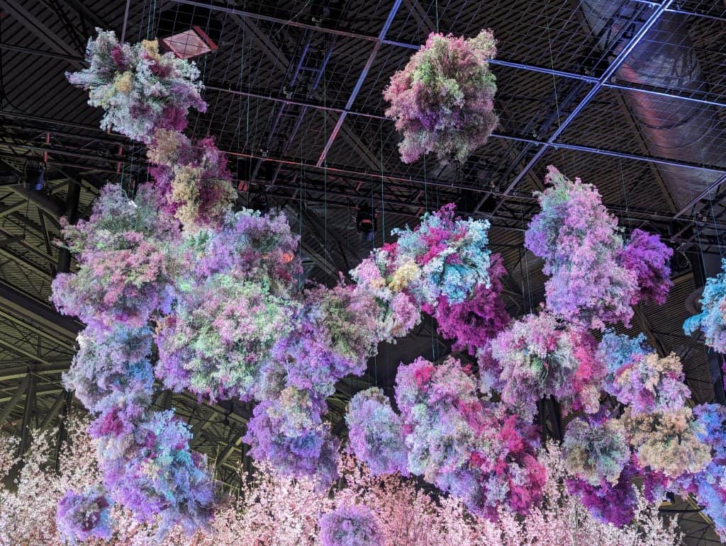 Pink, purple and blue floral exhibit at the 2024 PHS Philadelphia Flower Show